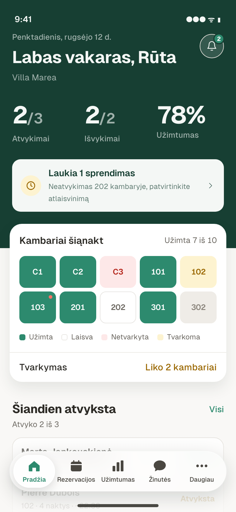 Ovilo darbuotojų programėlė su šiandienos atvykimais